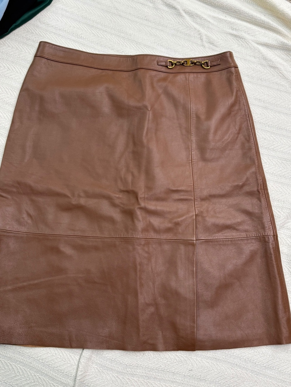 Brown Leather Midi Skirt with Gold Detail